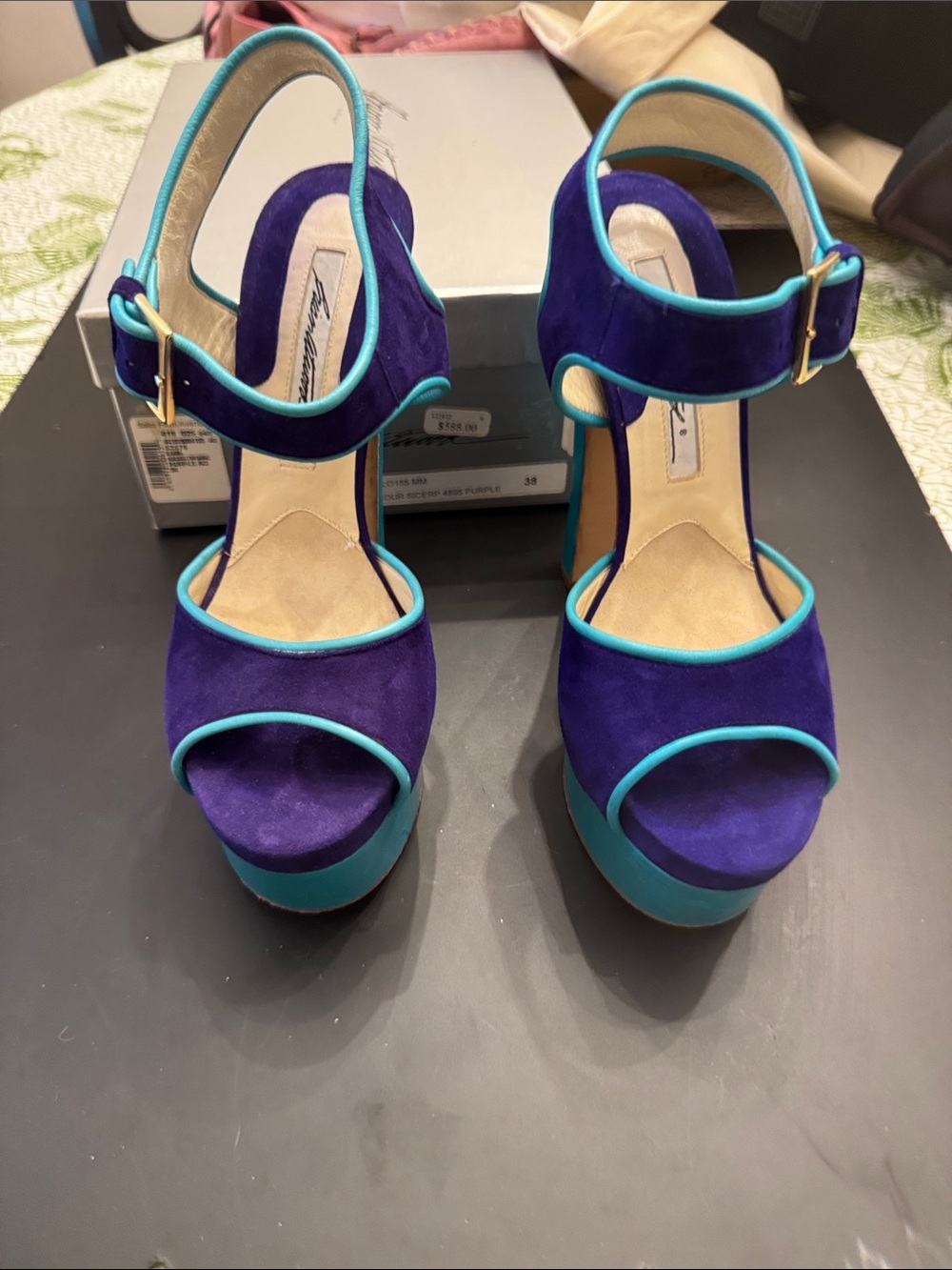 Brian Atwood Purple Suede Platform Sandals with Teal Trim
